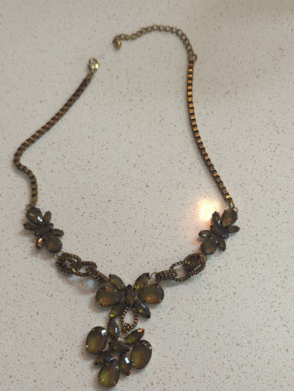 Source Unknown Gold-Tone Olive Green Crystal Floral Necklace